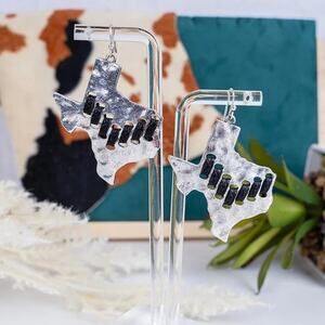 Black Stitched Western Silvertone Texas Earrings
